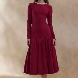Club L London Burgundy Drop Waist Dress With Crystal Collar